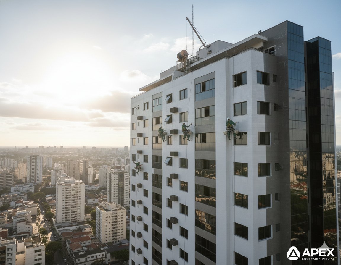 Equipe da APEX em plataforma realizando pintura predial